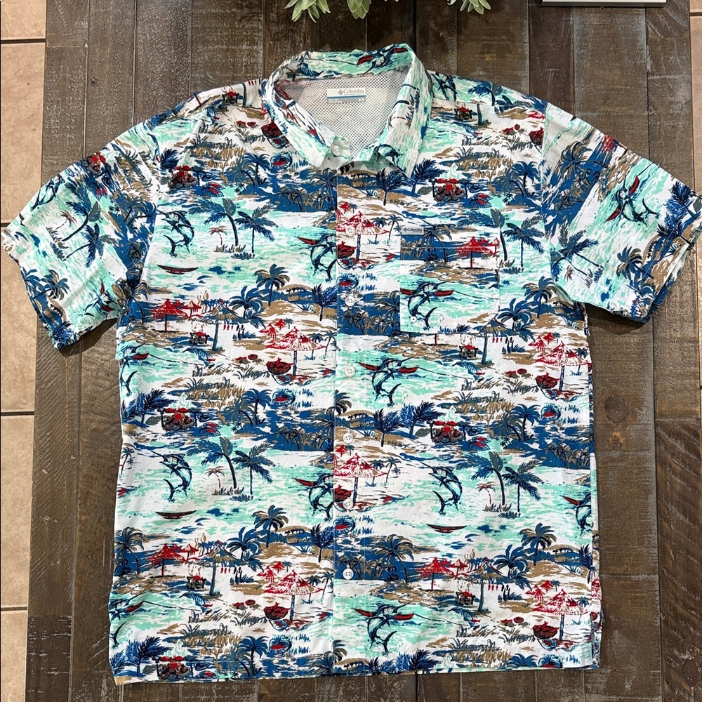 Columbia PFG Trollers Best Tropical Marlin Vented Fishing Button Down Shirt - M